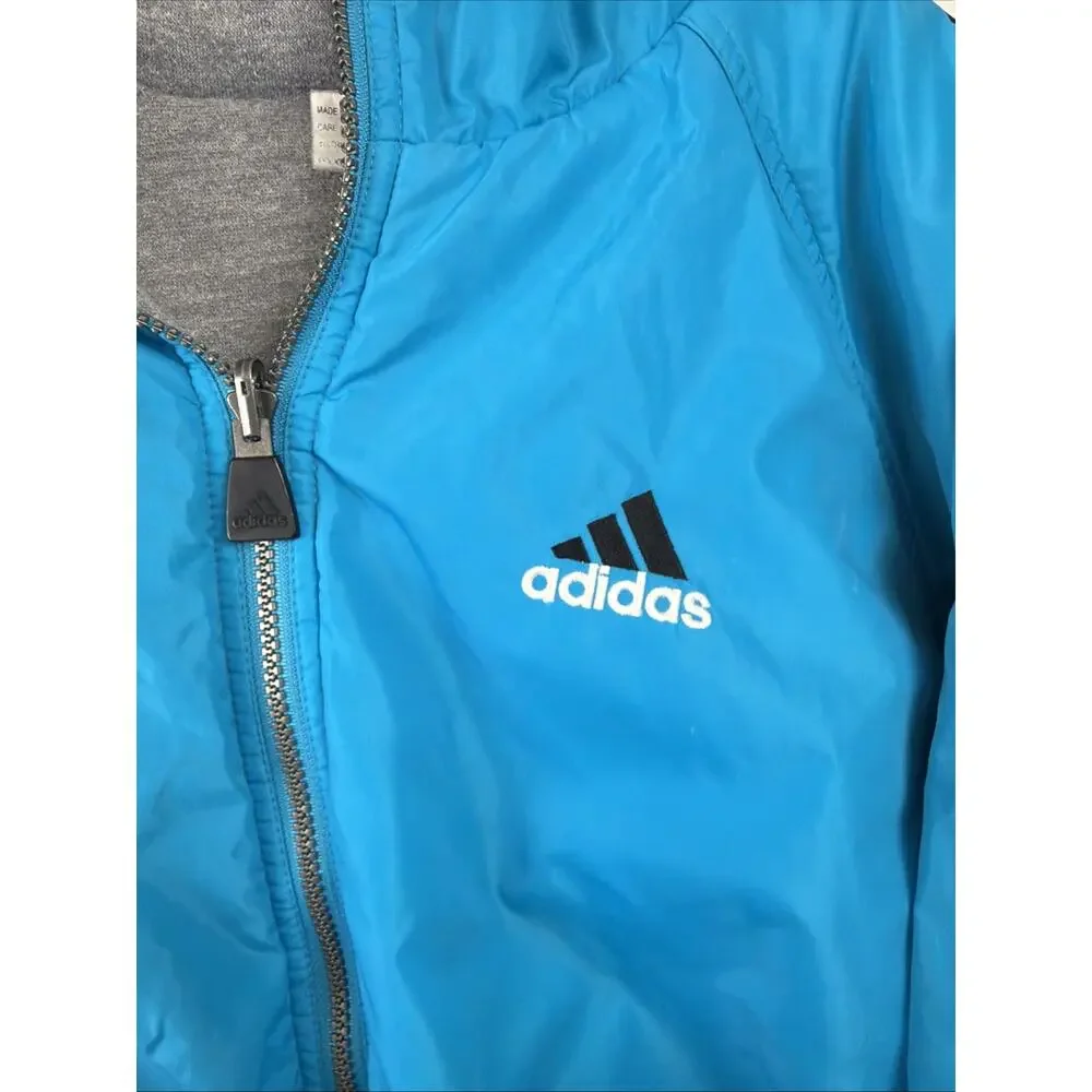 Vtg Adidas Reversible Aqua/Gray Hooded Jacket‎ Sz Large Retro Windbreaker Y2K